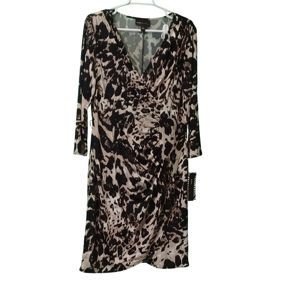Dana Buchman Grand Finale Animal Print Faux Wrap Dress Black Tan DM52928 Large‎